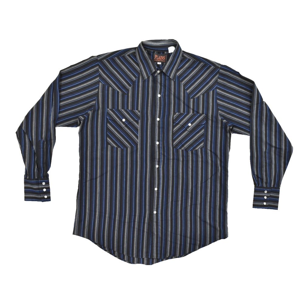 Plains Western Wear Mens Medium Blue Black Striped Long Sleeve Pearl Snap Shirt